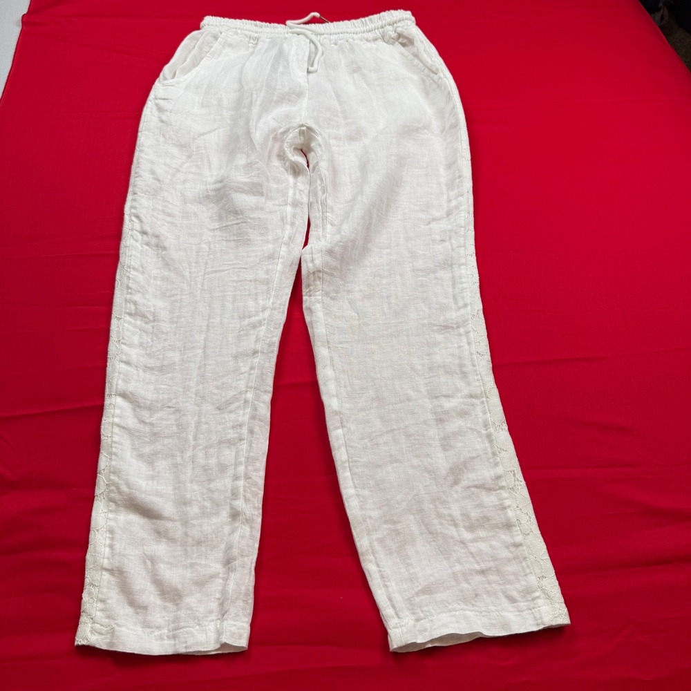 Tempo Paris Womens White Linen Lace Trim Drawstring Pants Size L Boho Summer
